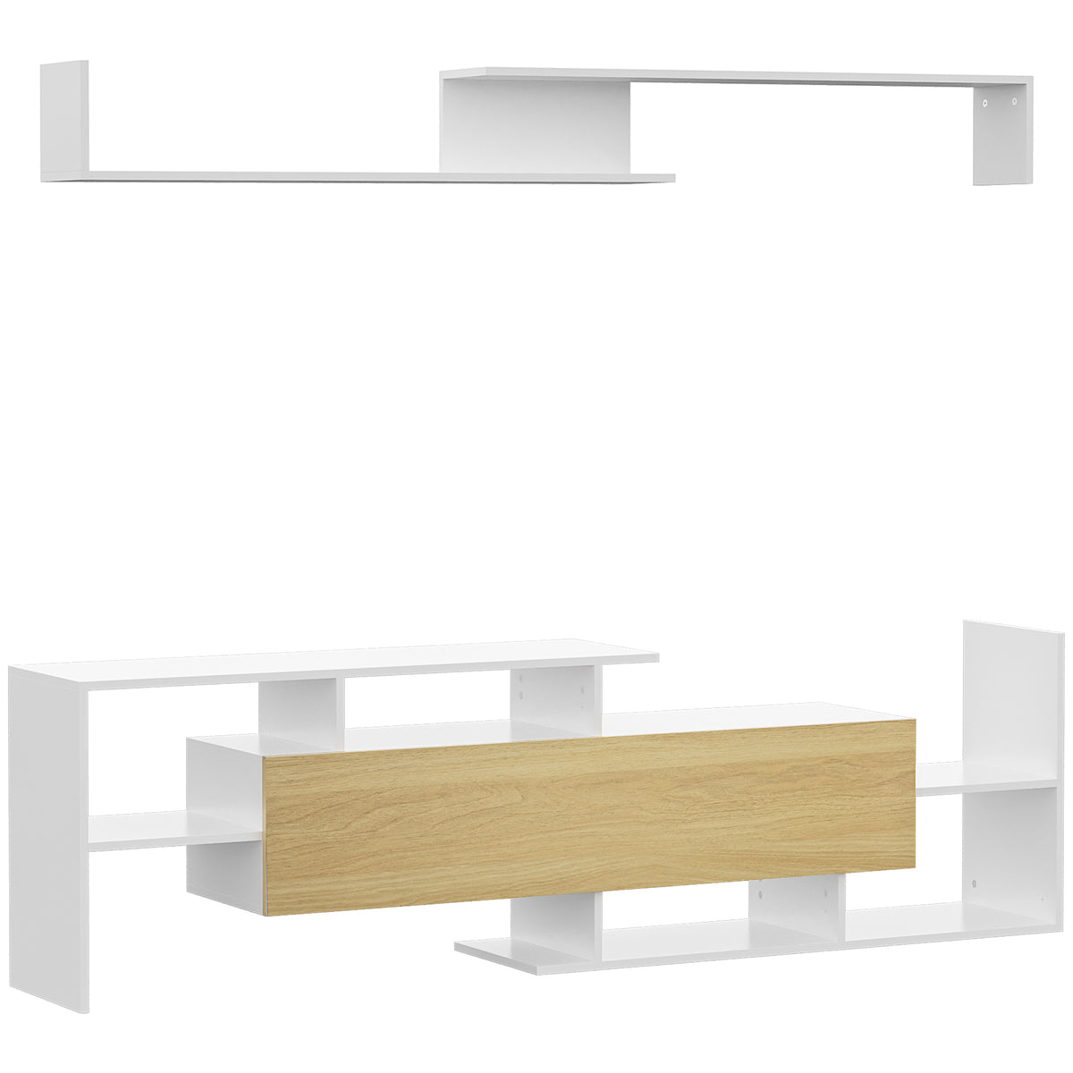 154 cm TV Cabinet & Floating Wall Shelf Set – White & Natural