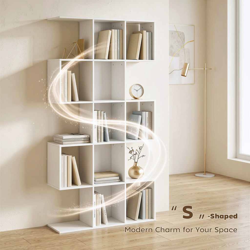 5-Tier Bookshelf, S Shaped Geometric Bookcase with 15 Compartments, White Wood Effect