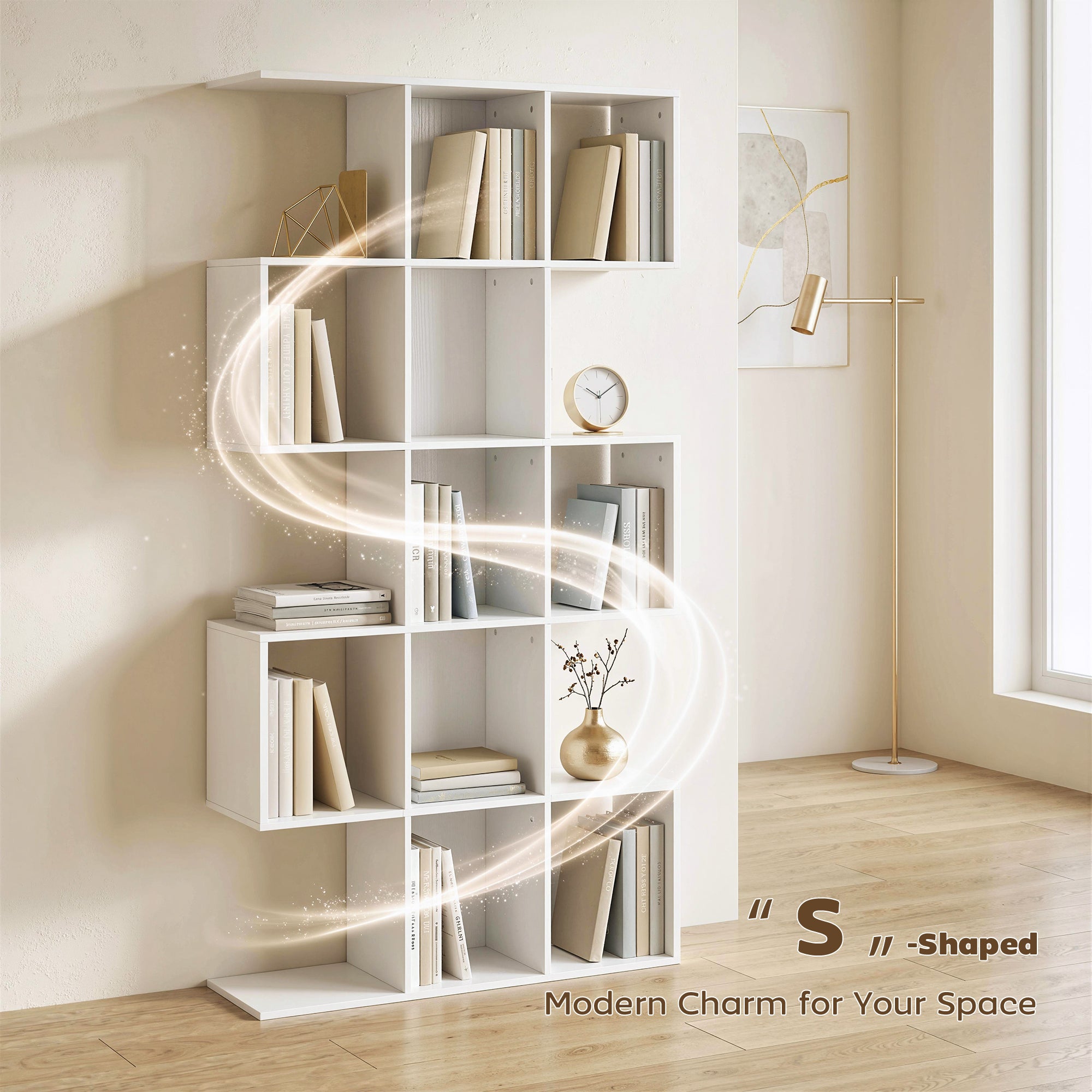 5-Tier Bookshelf, S Shaped Geometric Bookcase with 15 Compartments, White Wood Effect