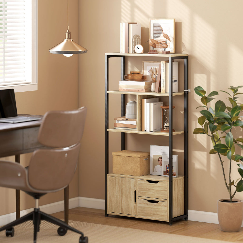 4-Tier Bookcase, Bookshelf with 1 Cabinet and 2 Drawers for Living Room, Bedroom, Study, Natural Wood
