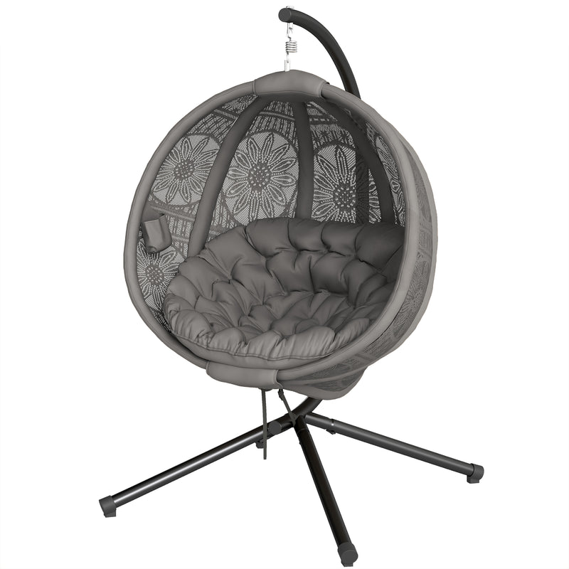 Charcoal grey round hanging egg chair with black steel X-leg stand and padded cushion