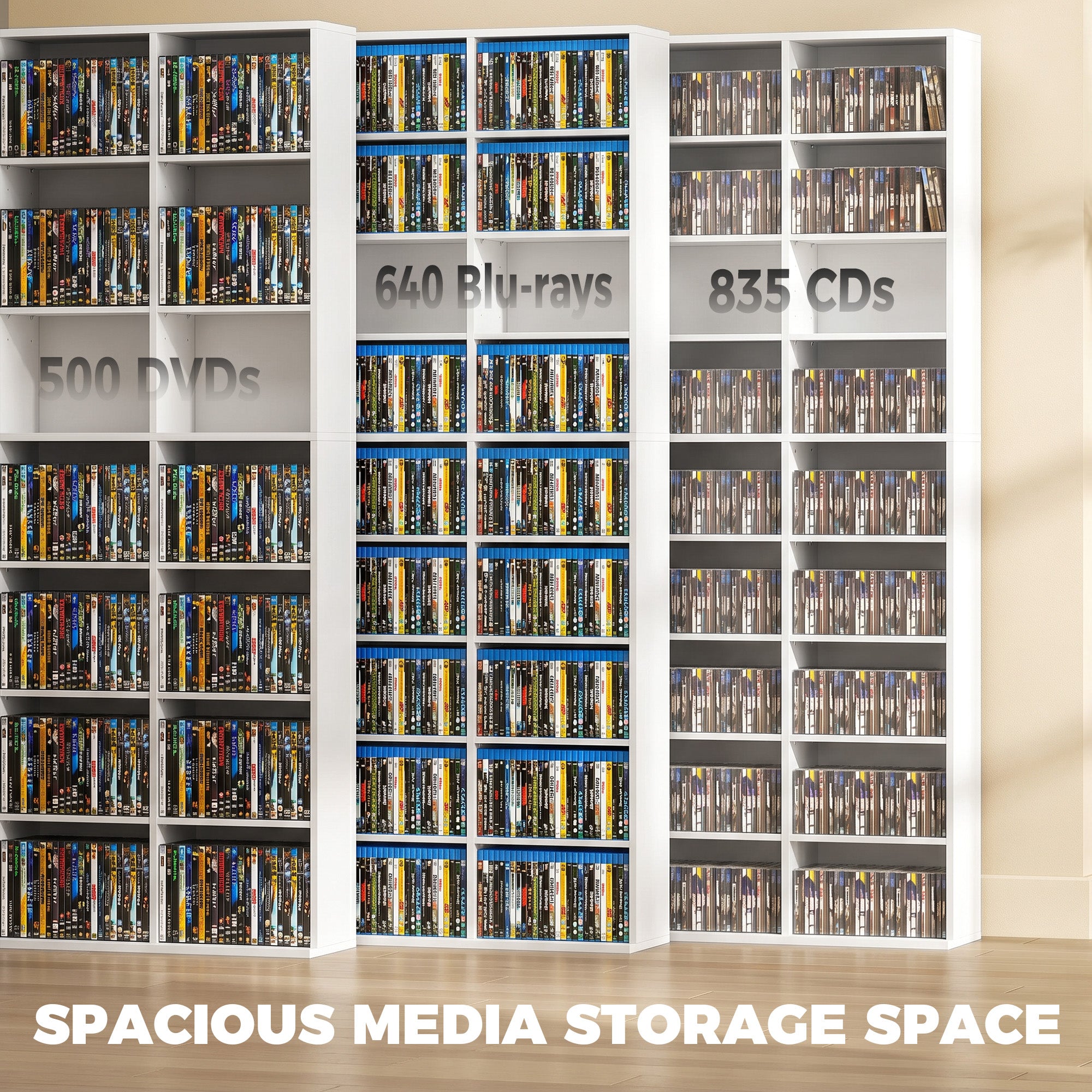 835 CD/500 DVD Storage Unit, Blu-ray Media Storage Shelf with 27 Compartments and 21 Adjustable Shelves, White