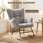Rocking Chair, Teddy Fleece Rocker Chair with Tufted Wingback, Side Pockets, Rubber Wood Legs, Light Grey