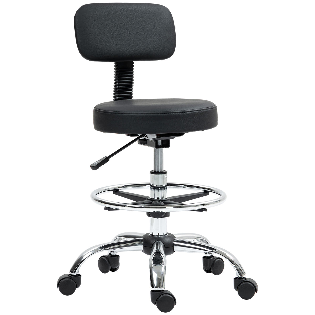 HOMCOM Drafting Chair, Office Chair with Backrest and Adjustable Footrest, Height Adjustable Stool, Leather Padded