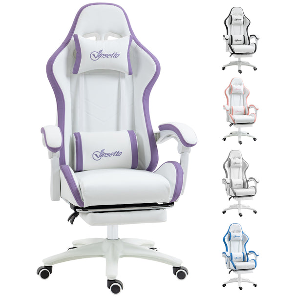 White faux leather racing gaming chair with purple trim, headrest and lumbar pillows and pull-out footrest