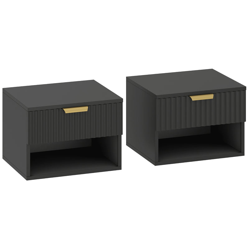 Set of 2 black floating bedside tables with fluted soft-close drawer, gold-tone handle and open shelf