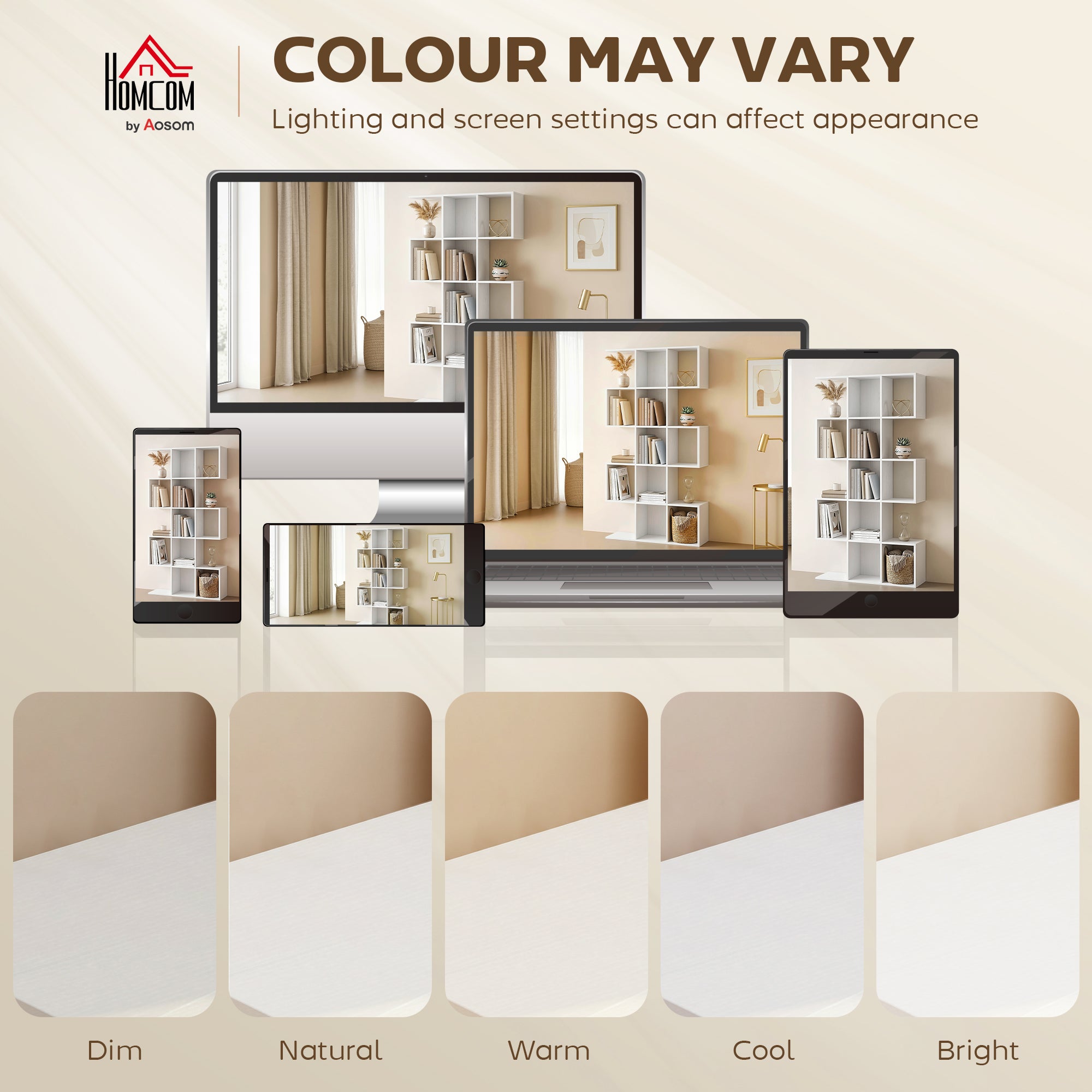 5-Tier Bookshelf, S Shaped Geometric Bookcase with 15 Compartments, White Wood Effect