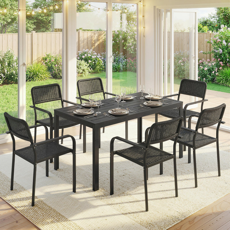 Outsunny Garden Dining Set for 6, Faux Wood Metal Outdoor Table and Stackable Chairs with Plastic Rattan Effect Seat – view 9