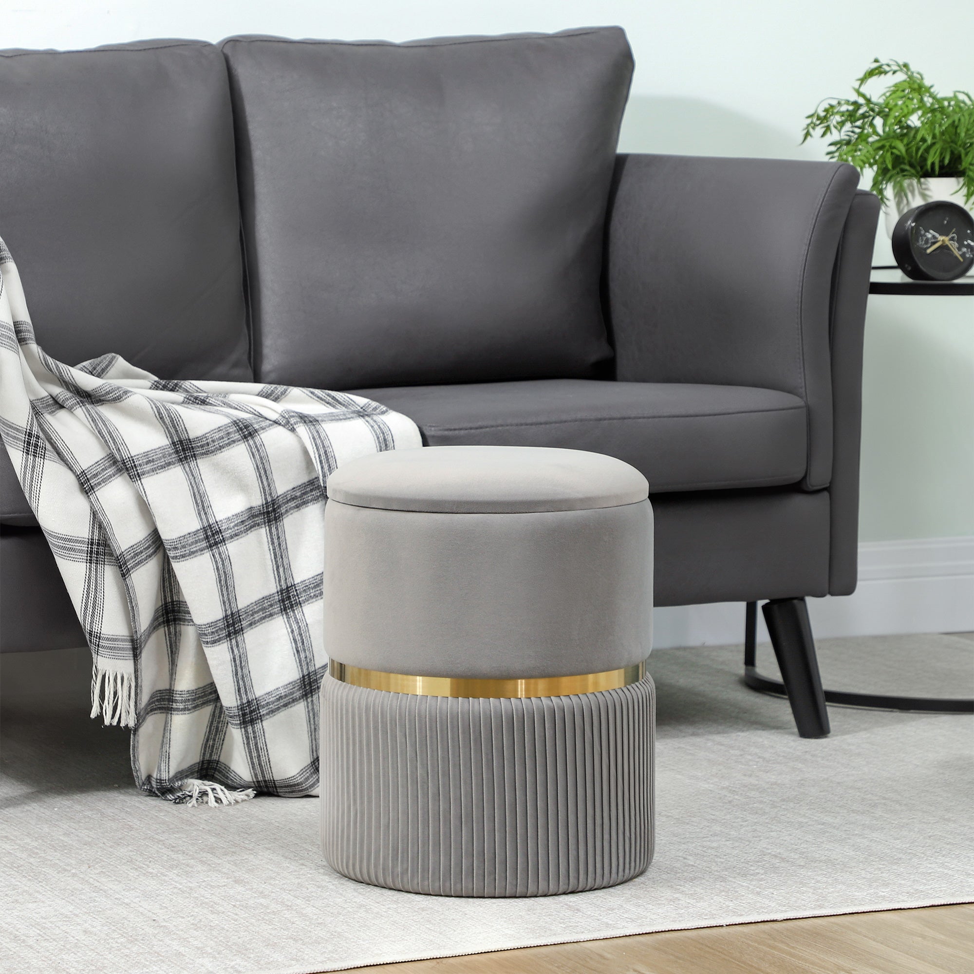 Velvet-Feel Storage Ottoman - Light Grey