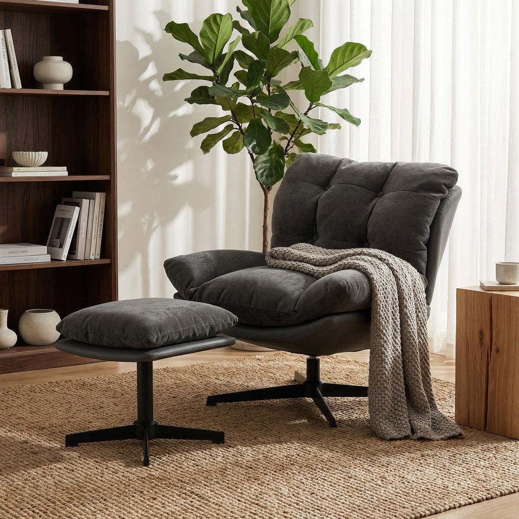 Accent Chair with Footstool, Swivel Lounge Chair with Chenille Upholstery, Metal Base, Dark Grey
