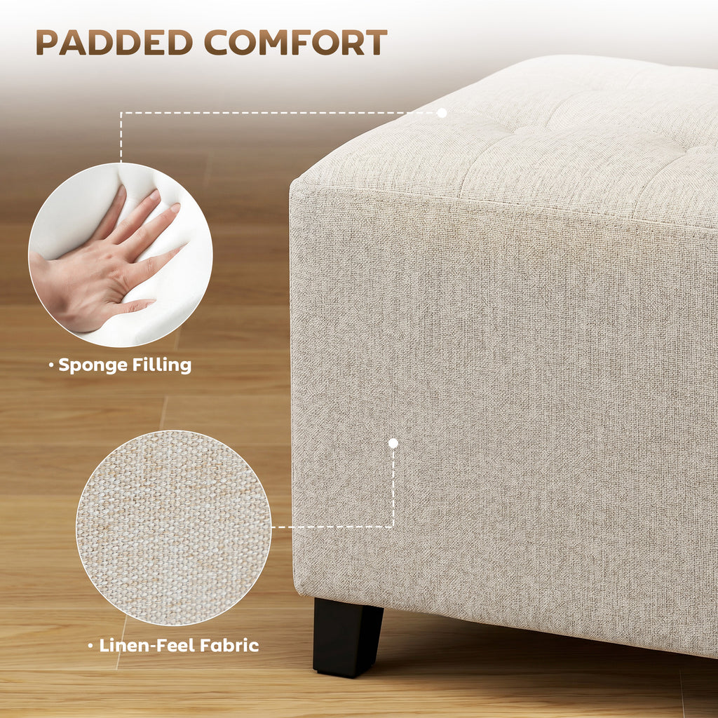 Small Ottoman, Square Footstool with Side Pocket, Rubber Wood Legs and Padded Seat for Living Room, Beige