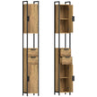 Slim brown and black industrial tall bathroom cabinet with two doors, two drawers and open shelf