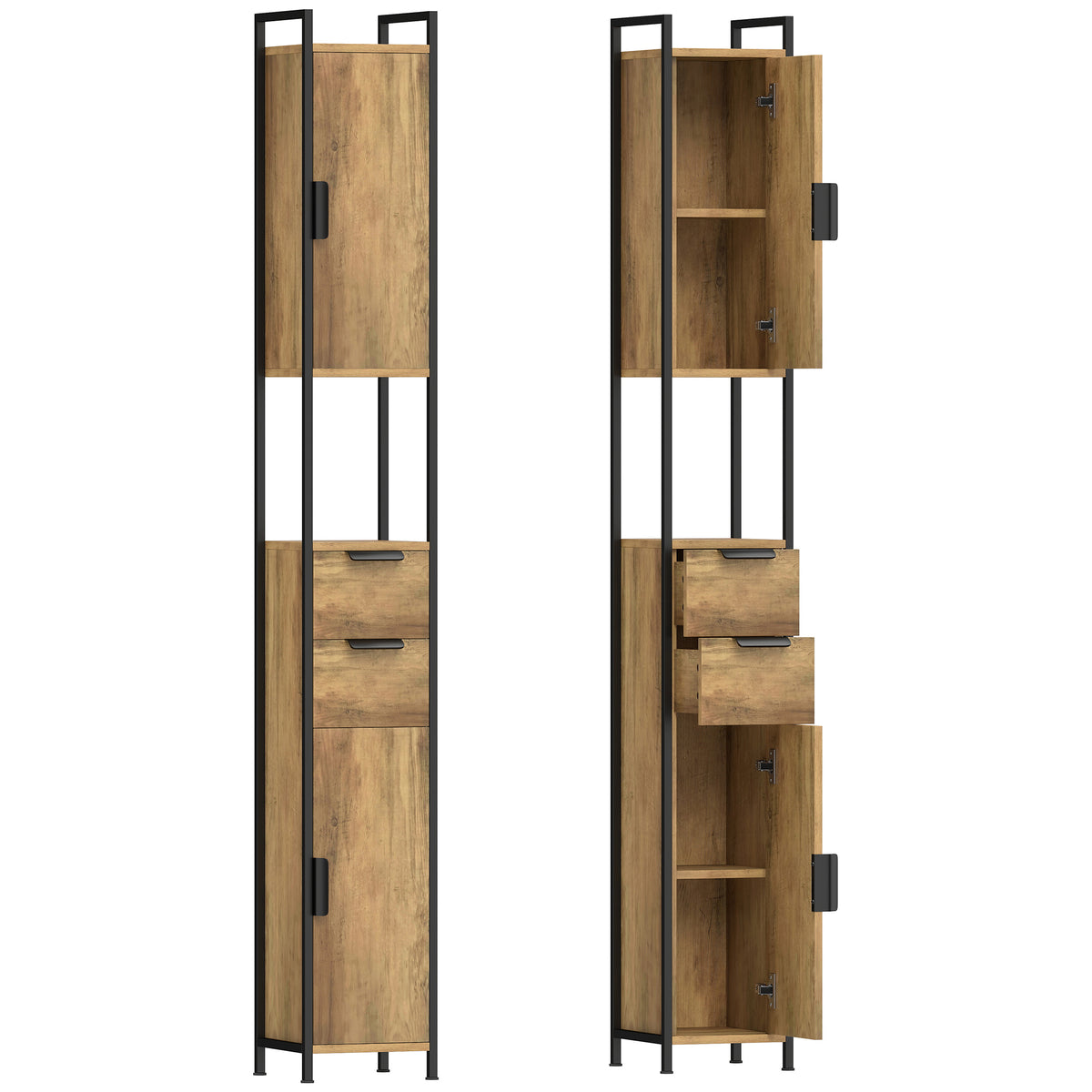 Slim brown and black industrial tall bathroom cabinet with two doors, two drawers and open shelf