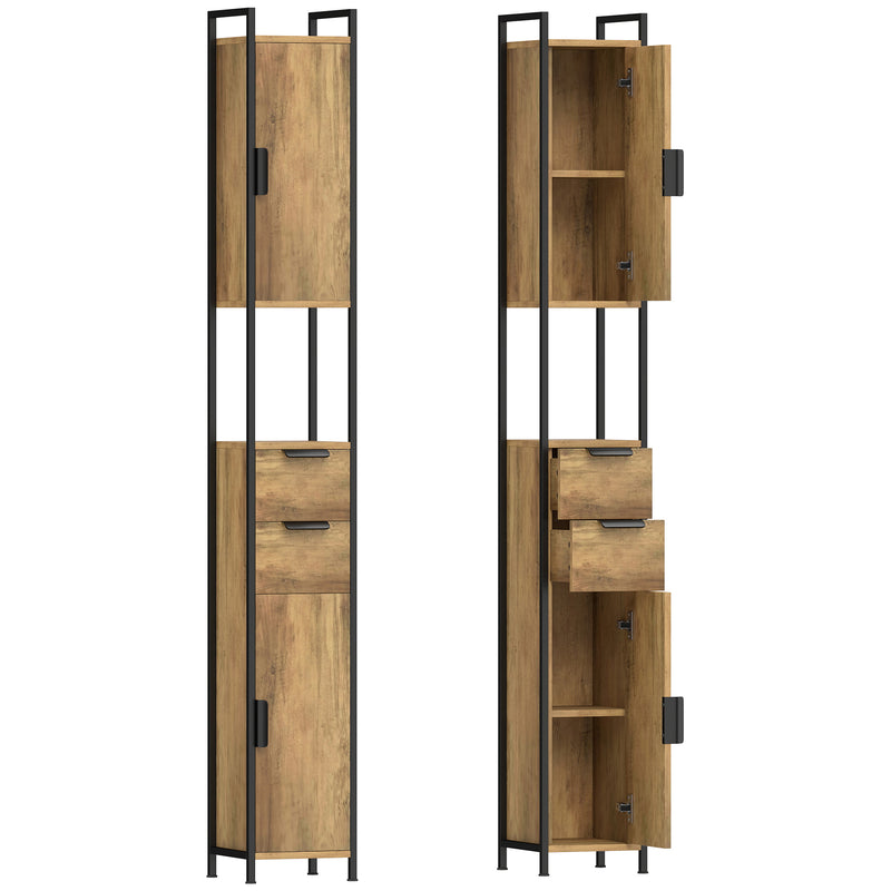 Slim brown and black industrial tall bathroom cabinet with two doors, two drawers and open shelf