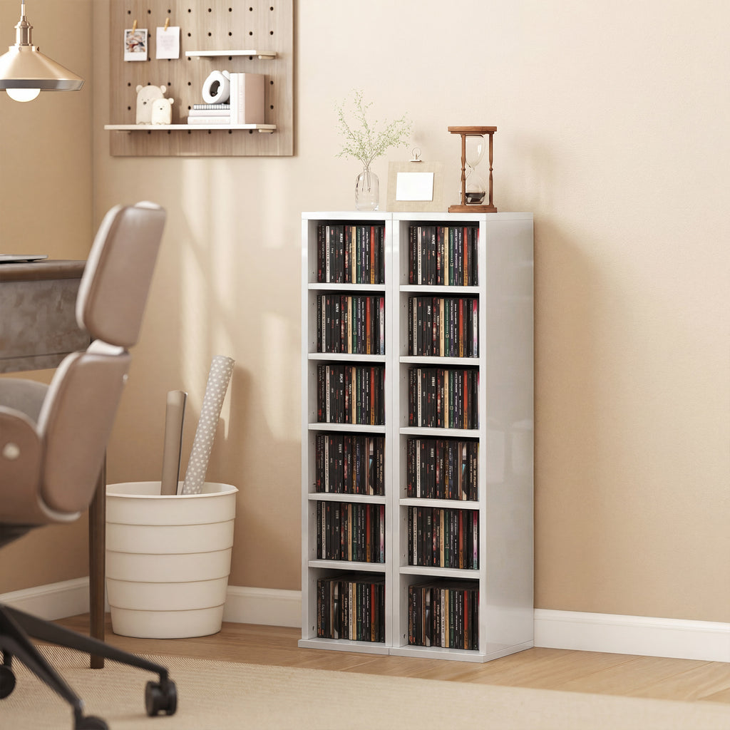 Set of 2 CD Media Display Shelf Unit Tower Rack with Adjustable Shelves, High Gloss White