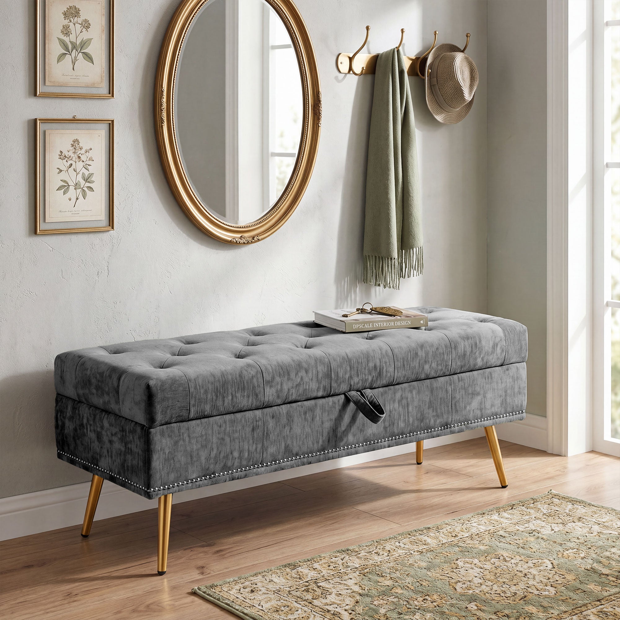 Storage Ottoman, Chenille Upholstered Ottoman Storage Box with Padded Seat, Metal Legs, 114 x 41 x 45 cm, Grey