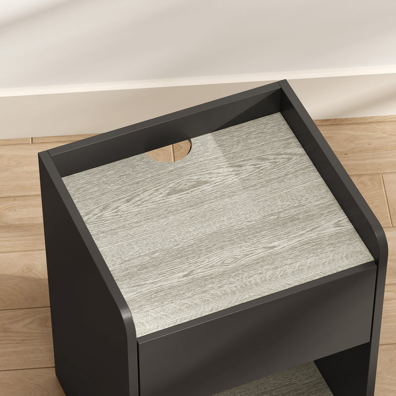 HOMCOM Modern Bedside Table, Slim Nightstand with Drawer, Shelf and Cable Holes, Black and Grey Wood Effect – view 10