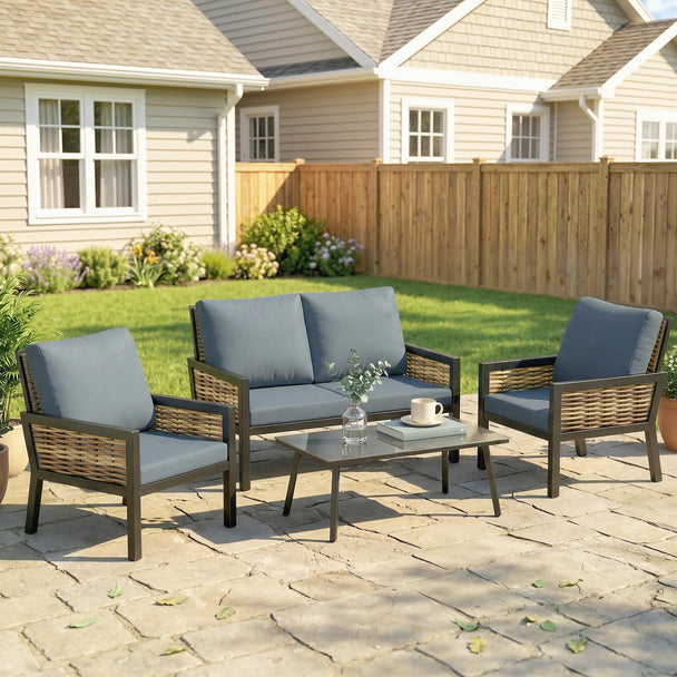 Outsunny 4 Seater Rattan Garden Furniture Set with 2 Armchairs, Loveseat, Coffee Table, Garden Sofa Set with Cushions – view 2