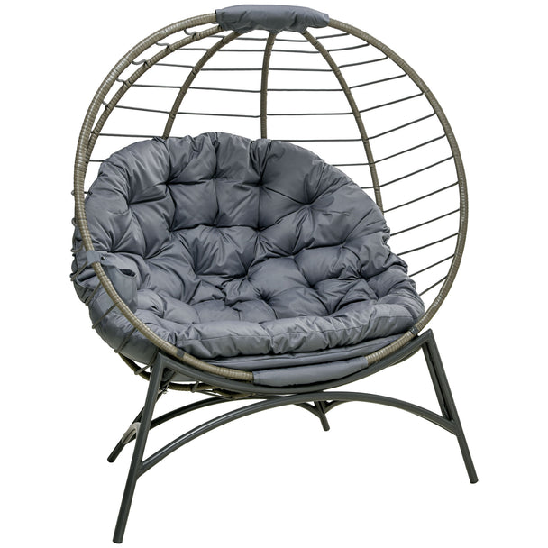 Grey folding rattan egg chair with thick cushion, side bottle holder and four-leg base