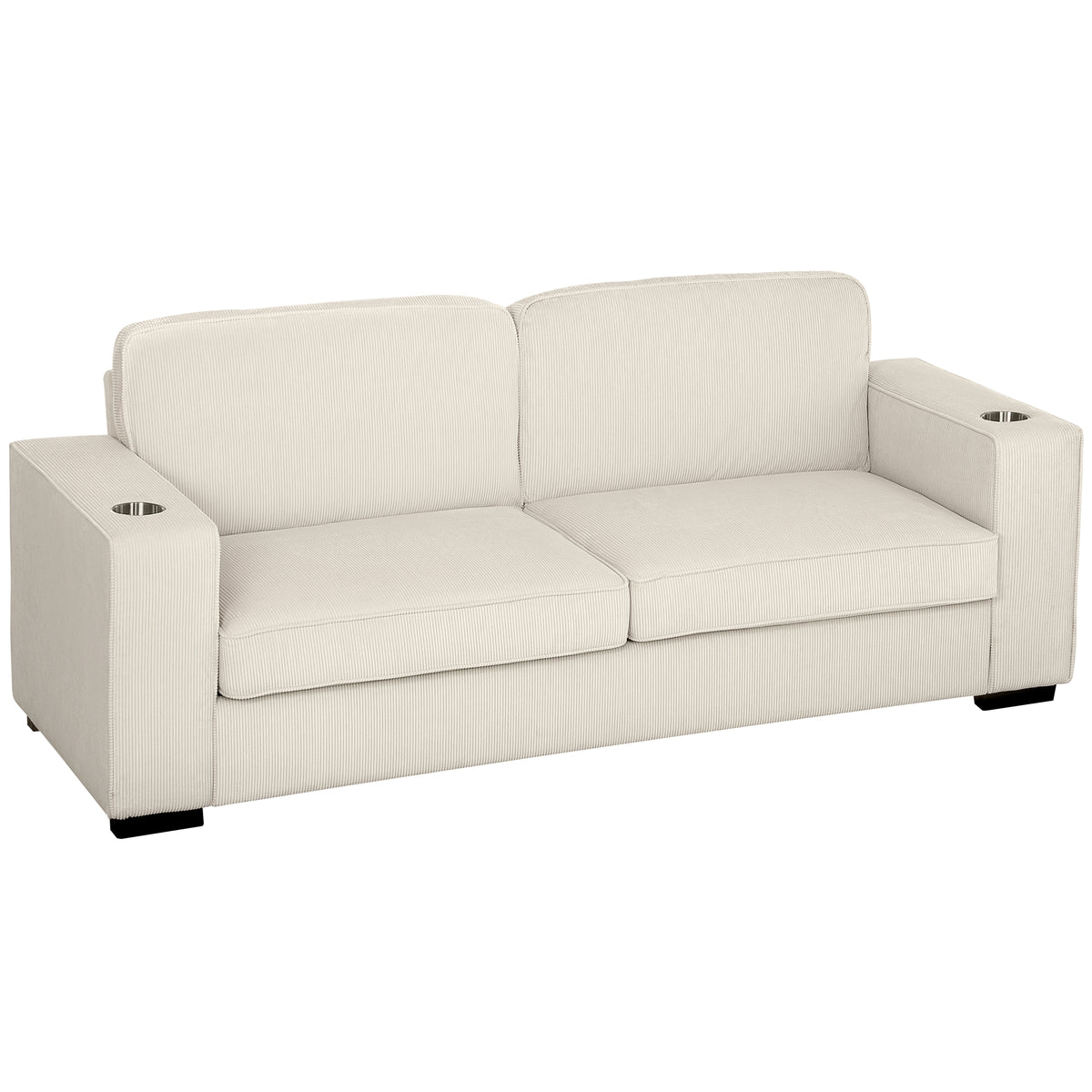 210 cm Corduroy 3-Seater Sofa with Cup Holders – Cream