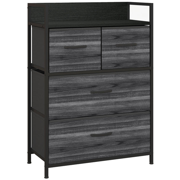 Black 4-drawer fabric chest with rustic wood-effect top and steel frame