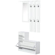 White hallway set with shoe storage cabinet, wall unit with mirror and six coat hooks
