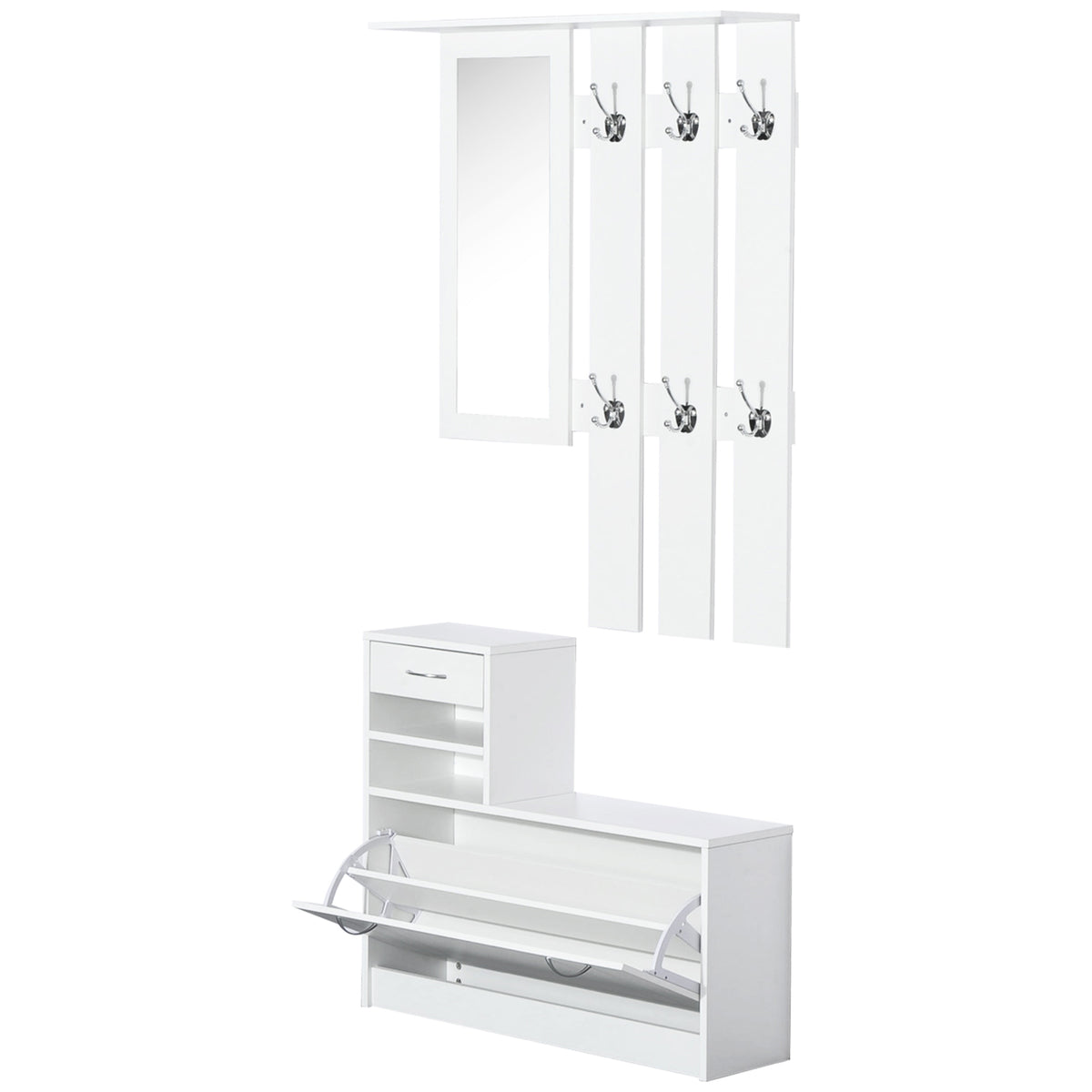 White hallway set with shoe storage cabinet, wall unit with mirror and six coat hooks