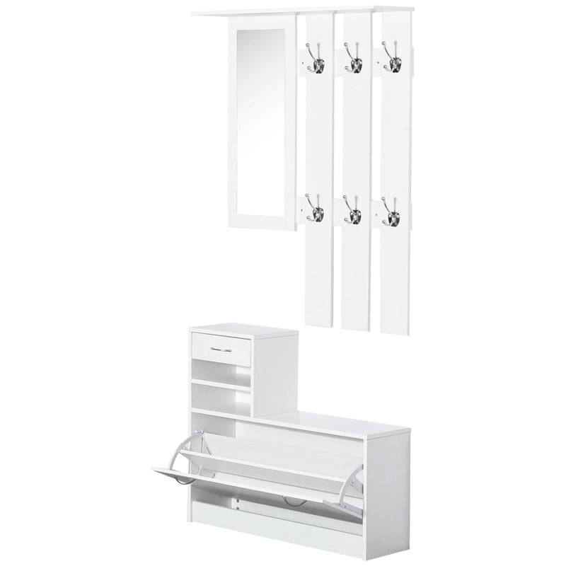 White hallway set with shoe storage cabinet, wall unit with mirror and six coat hooks
