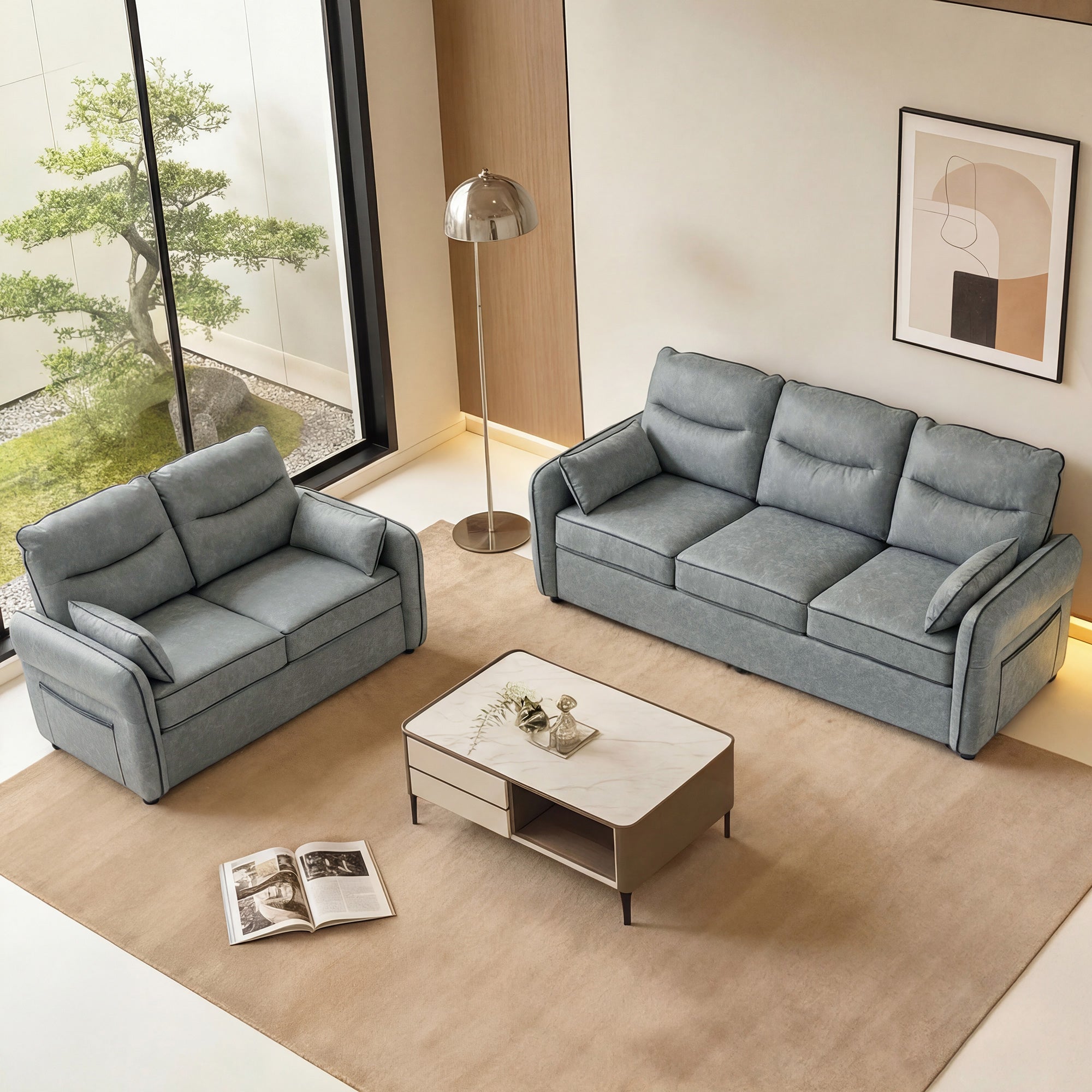 3 Seater Sofa, Faux Leather Couch - Grey