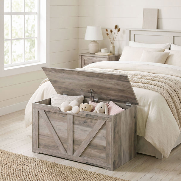 HOMCOM 100L Home Storage Box, with Safety Hinge - Grey Wood-Effect – view 2