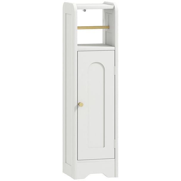 Small white bathroom cabinet with arched door, gold-tone knob and toilet roll holder