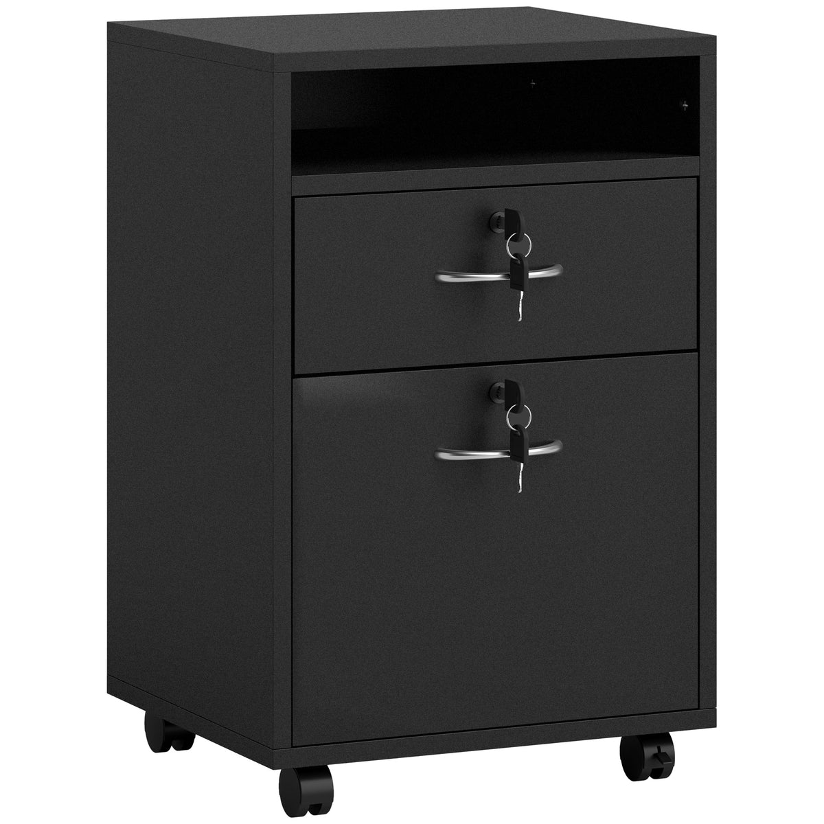 Black mobile filing cabinet with open shelf, two lockable drawers and castors