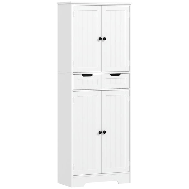 White 160 cm tall freestanding bathroom cabinet with upper and lower cupboards and middle drawer