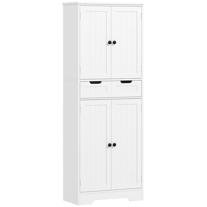 White 160 cm tall freestanding bathroom cabinet with upper and lower cupboards and middle drawer