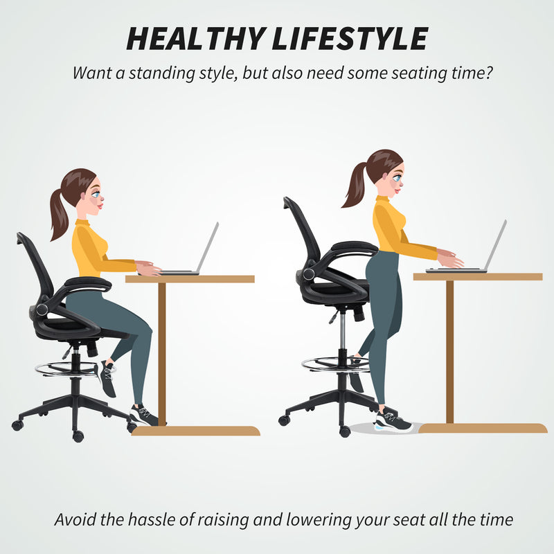 Vinsetto Drafting Chair with Flip-up Armrest, Mesh Office Stool with Foot Ring, 360 Degree Swivel Height Adjustable – view 5
