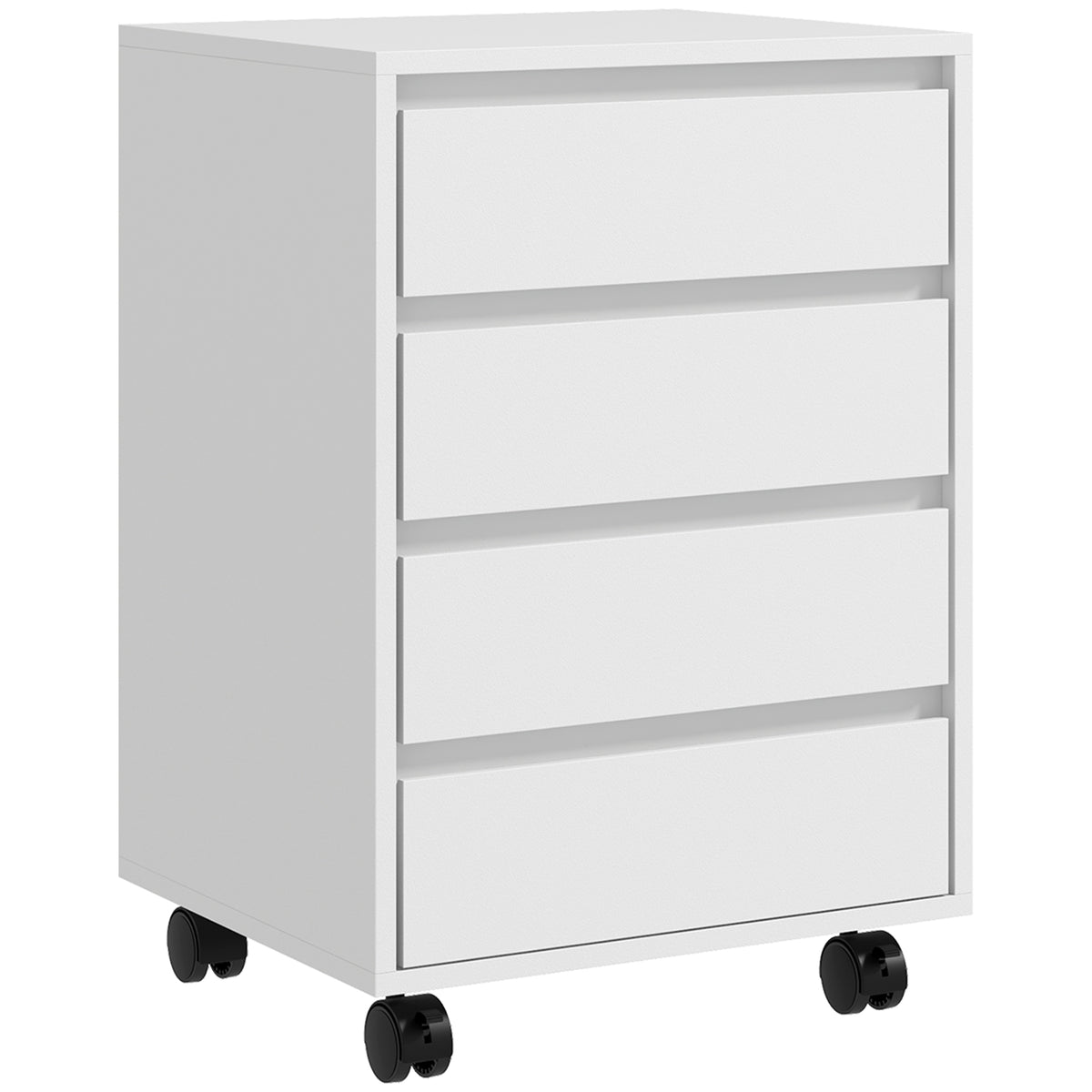 White four-drawer mobile filing cabinet on wheels