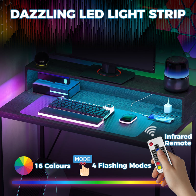 HOMCOM Gaming Desk, 100cm Computer Desk with LED Lights, Power Outlets, Monitor Stand and Remote, Black Wood-Effect – view 4