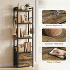 4-Tier Bookshelf, Narrow Bookcase with Drawer, 8 Hooks, Metal Frame, Rustic Brown