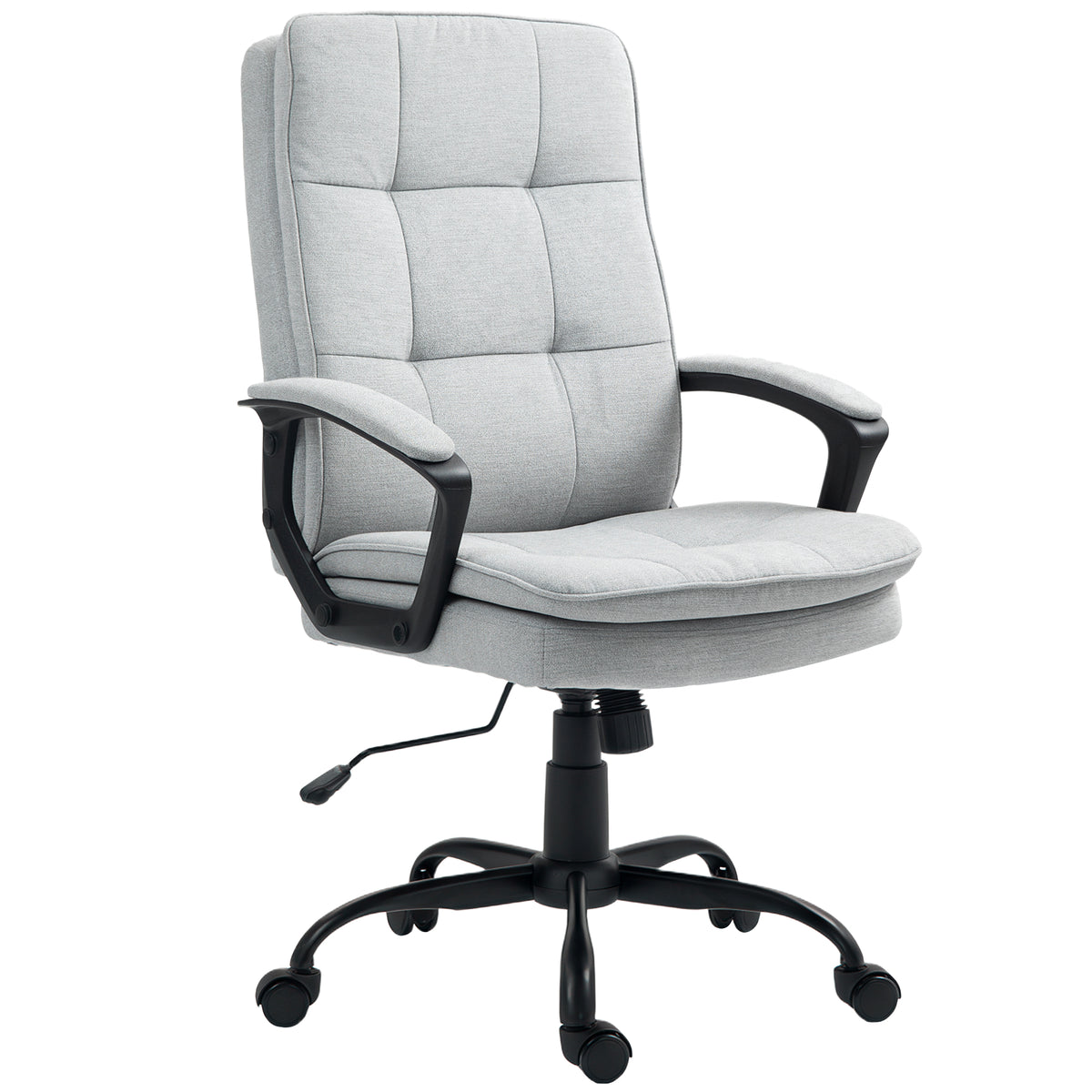 Grey linen-look double-padded office chair with armrests, tilt and five-wheel swivel base