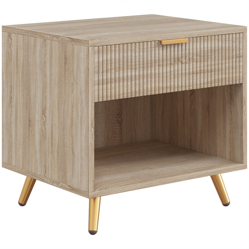 HOMCOM Bedside Table with Drawer and Open Compartment, Nightstand with Handle for Bedroom, Living Room, Natural Wood