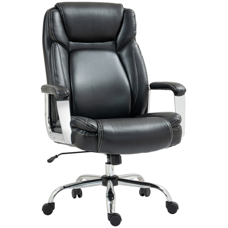 Black heavy duty faux leather office chair with padded armrests and chrome base