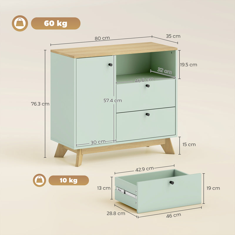 HOMCOM Sideboard Storage Cabinet, 80 cm Buffet Cabinet with 2 Drawers, Open Compartment, Adjustable Shelf, Light Green – view 3