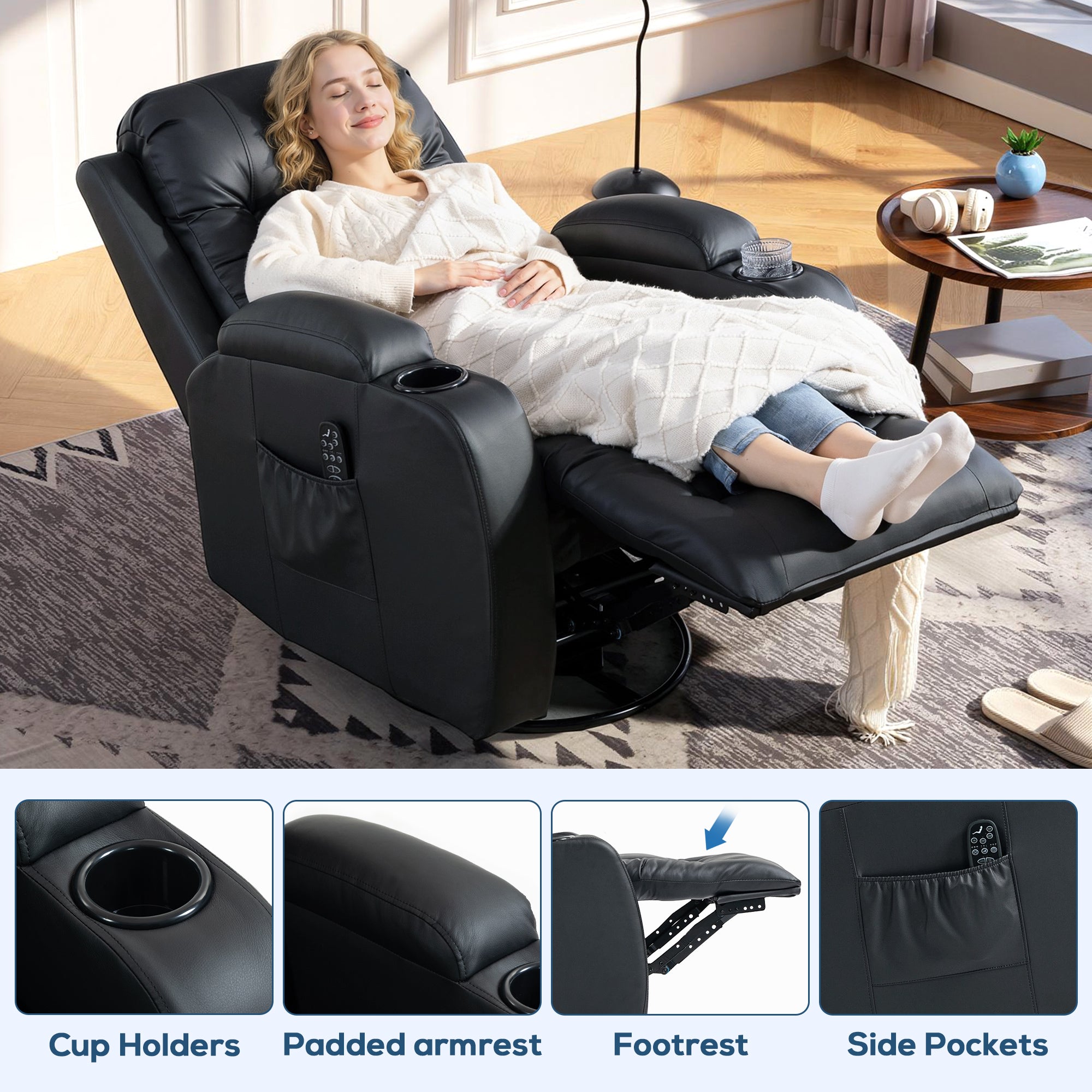 PU Leather Recliner Chair, Recliner Armchair with Extended Footrest, Cup Holders and Side Pockets, Black