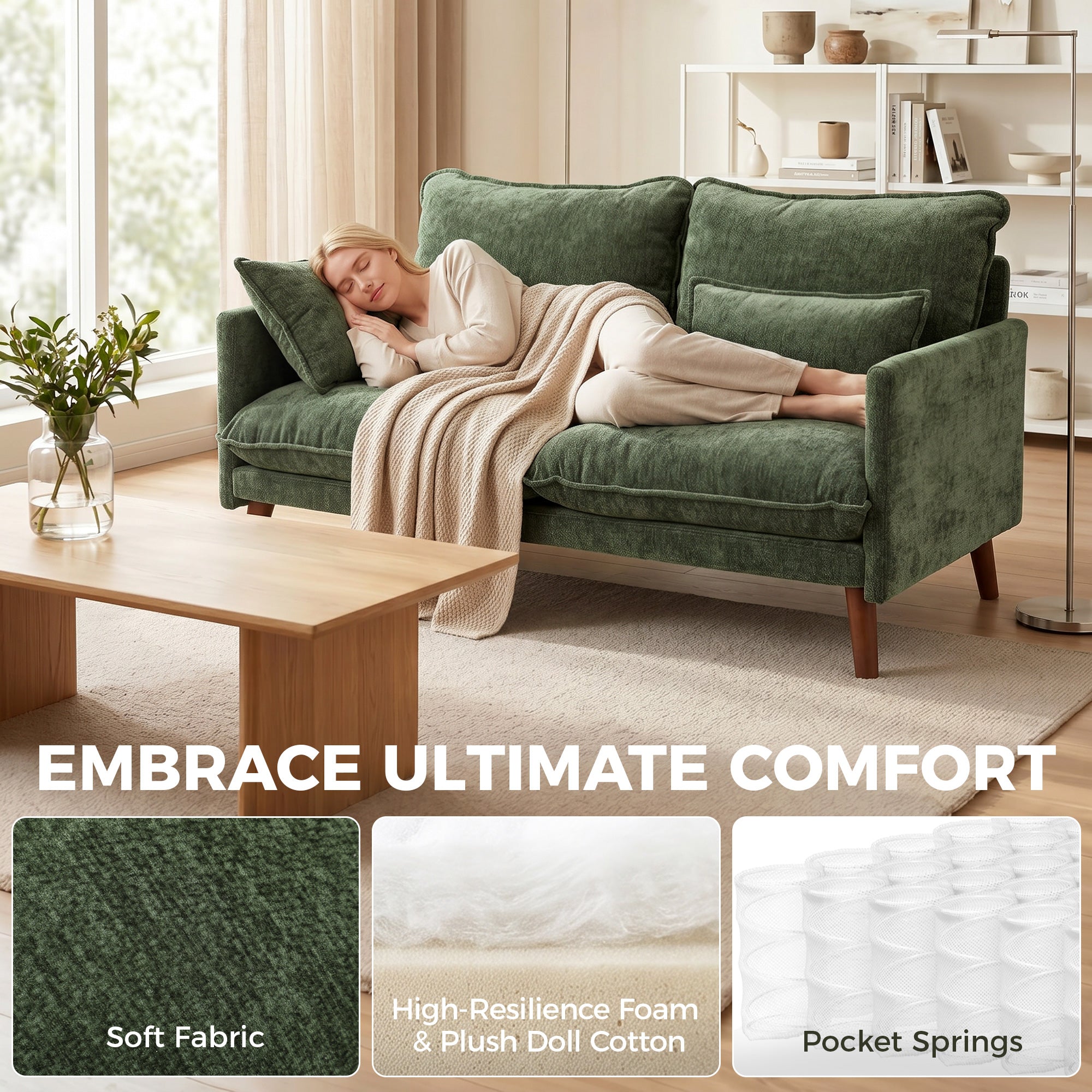 2 Seater Sofa, Loveseat Sofa with Spring Cushions, Wide and Deep Seat, Wood Legs, Green