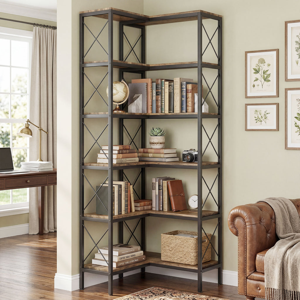 5-Tier L-Shaped Bookshelf, Freestanding Corner Bookcase with Metal Frame, Rustic Brown