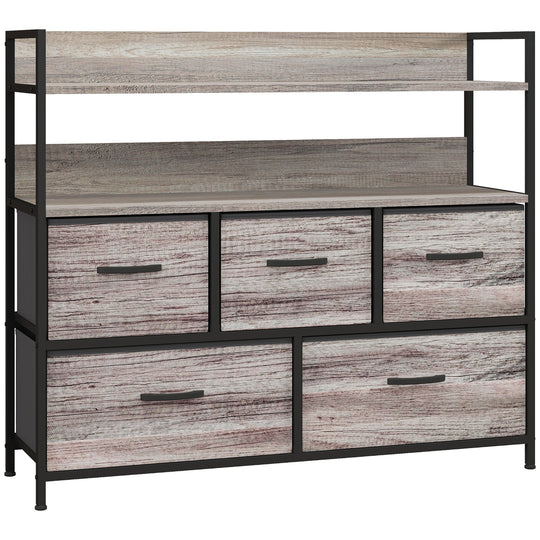 Wide grey wood-effect storage unit with five fabric drawers, open shelf and black steel frame