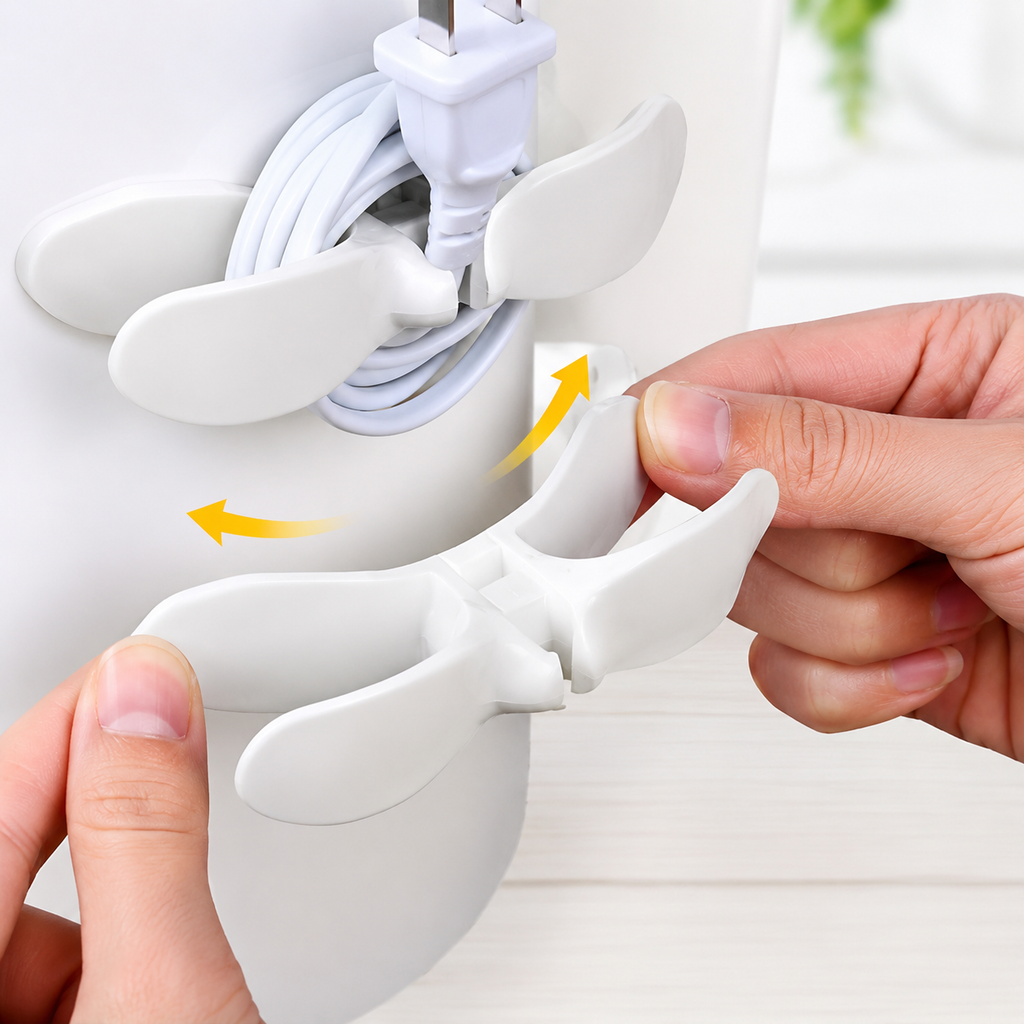 White cable management clip being used to organize a cable on a white background