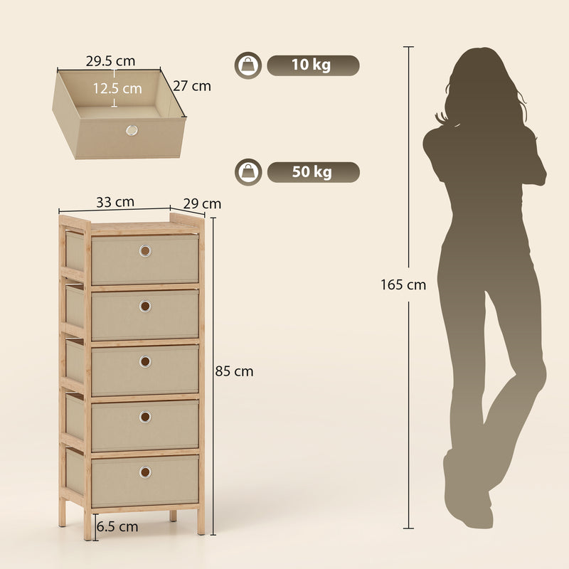 HOMCOM Chest of Drawers, 5 Fabric Drawers Narrow Dresser with Bamboo Frame, Cream White – view 3