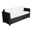 Black rattan 3-seater garden sofa with thick cream white cushions