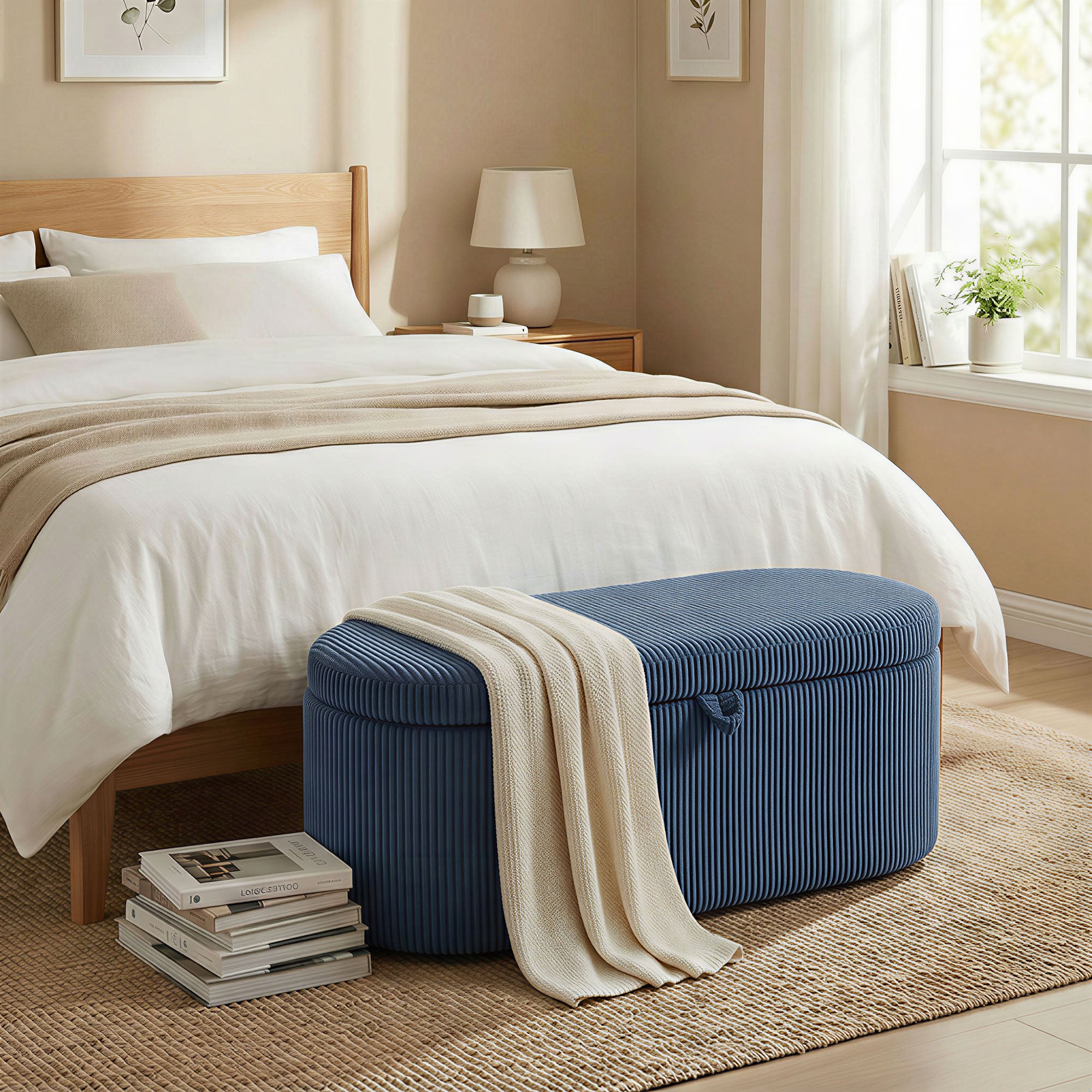 Storage Ottoman, Corduroy Upholstered Ottoman Storage Box with Padded Seat, 105 x 51 x 49 cm, Blue